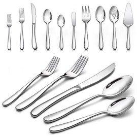 LIANYU 45-Piece Heavy Duty Silverware Set with Serving Utensils, Stainless Steel Flatware Set for 8, Thick Cutlery Eating Utensils Include Fork Knife Spoon, Mirror Finished, Dishwasher Safe