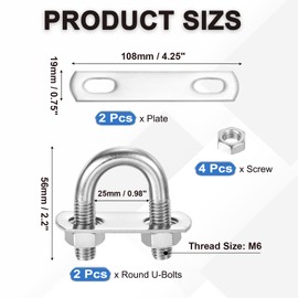 PATIKIL Round U-Bolts, 2 Pcs 0.98"(25mm) Inner Width 56mm Length M10 with Nut Plate Washer 304 Stainless Steel Round Bend U-Bolts for Boat Trailer Axle Sailboat
