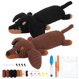 Bcuuozeeing Crochet Set for Beginners, 2 Pieces Crochet Animal Kit Complete Dachshund Dog Crochet with Yarn Hooks Needles and Video Instructions Practical Crochet Hook Set Gift