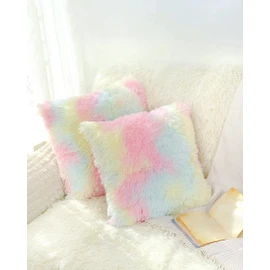 2Pcs Soft Faux Fur Fluffy Pillows Covers, Cute Kawaii Aesthetic Throw Pillow Covers for Girls Room Decor, Tie Dye Decorative Pillow Covers Fuzzy Rainbow Pillows for Teen Girls Bedroom