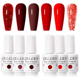 Gellen Color Gel 6 Color Set 8ml Red Glitter Gel Nail Set Party Nail UV/LED Compatible Soak Off Salon Quality