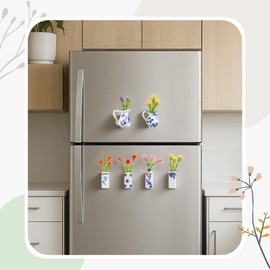 6 Pcs Mini Blue and White Porcelain Ceramic Vase Magnets for Fridge and Flower, Cute Magnetic Plant Pot Vases Tiny for Refrigerator, Funny 3D Creative Accessories, Small Decoration for Kitchen Office