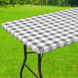 Smiry Rectangle Picnic Table Cloth, Elastic Waterproof Fitted Vinyl Tablecloth for 8 FT Tables, Flannel Backed Buffalo Plaid Table Covers for Dining, Camping, Outdoor (White and Grey, 36" x 96")