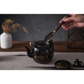 DUJUST Traditional Japanese Tea Pot, Black Porcelain Chinese Teapot with Stainless Infuser, Beautiful Asian Teapot for Adults, Tea Lover/Women/Men (Countryside in Golden)