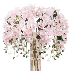 JARELING 6pcs Artificial Silk Hydrangea Flowers Long Stems Fake Flowers for Tall Vase Wedding Vine Hanging Garlands Flower for Home Office Arch Party Decoration(Pink)