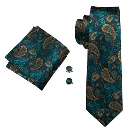 DiBanGu Silk Teal and Brown Paisley Tie Set Mens Formal Necktie Tie Clip Handkerchief Cufflinks Gift Box