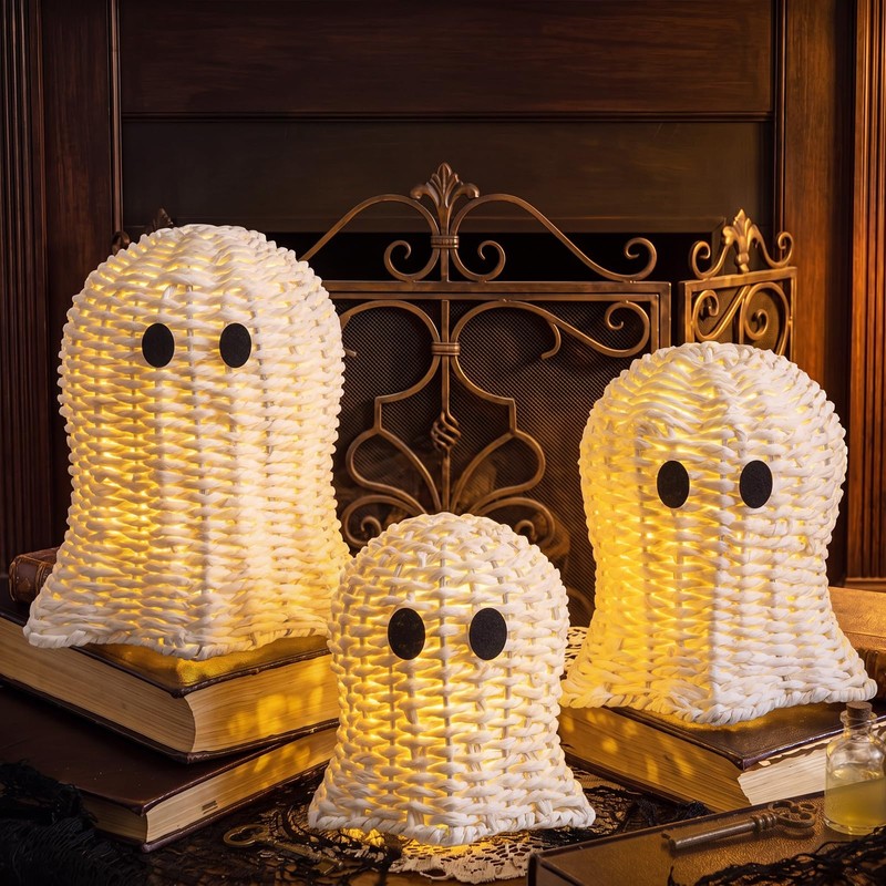 Geelin 3 Pcs Woven Ghost Decor with LED String Lights