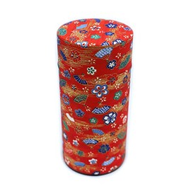 Kyoto Katsugu Japanese Paper Covered Tea Canister, Tea Canister, Made in Japan [14] (Plum, Cherry Blossom, Fan Pattern on Red Background)