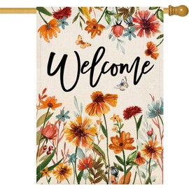 Baccessor Fall Floral Welcome House Flag 28 x 40 Inch Double Sided Burlap Autumn Wildflower Garden Flag Thanksgiving Holiday Seasonal Yard Outdoor Outside Decoration