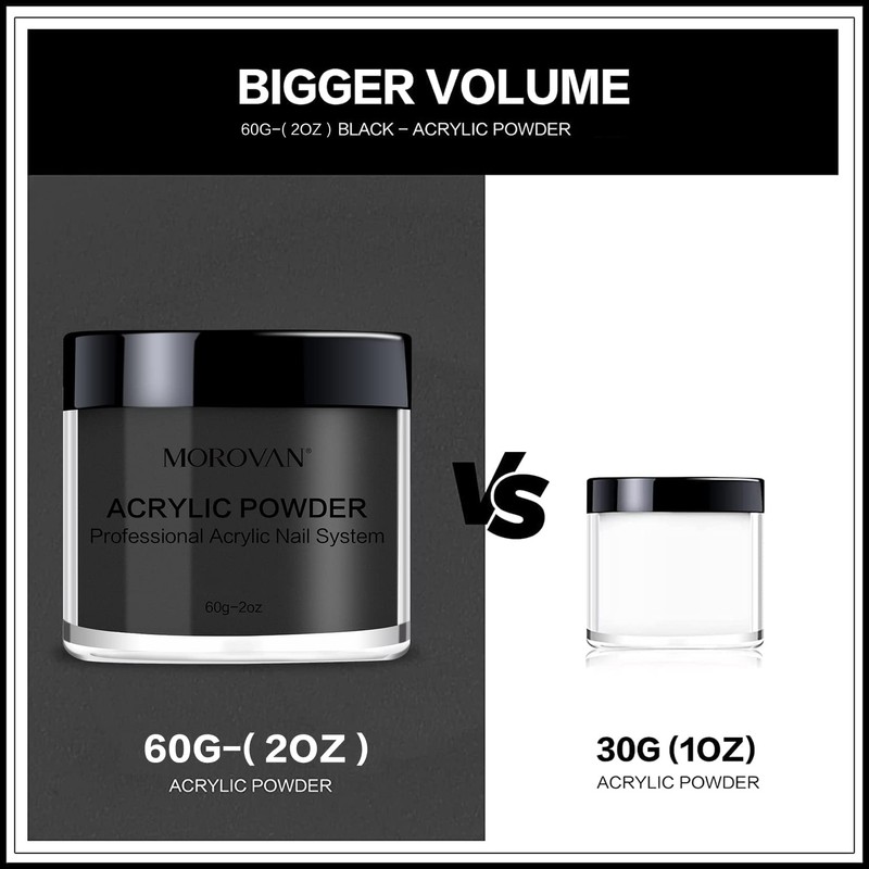 Morovan Black Acrylic Powder for Nails - 2oz Professional Acrylic