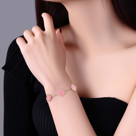 Pink Four-Leaf Clover Bracelet for Women – 18K Gold Plated Titanium Steel Lucky Charm Adjustable Jewelry