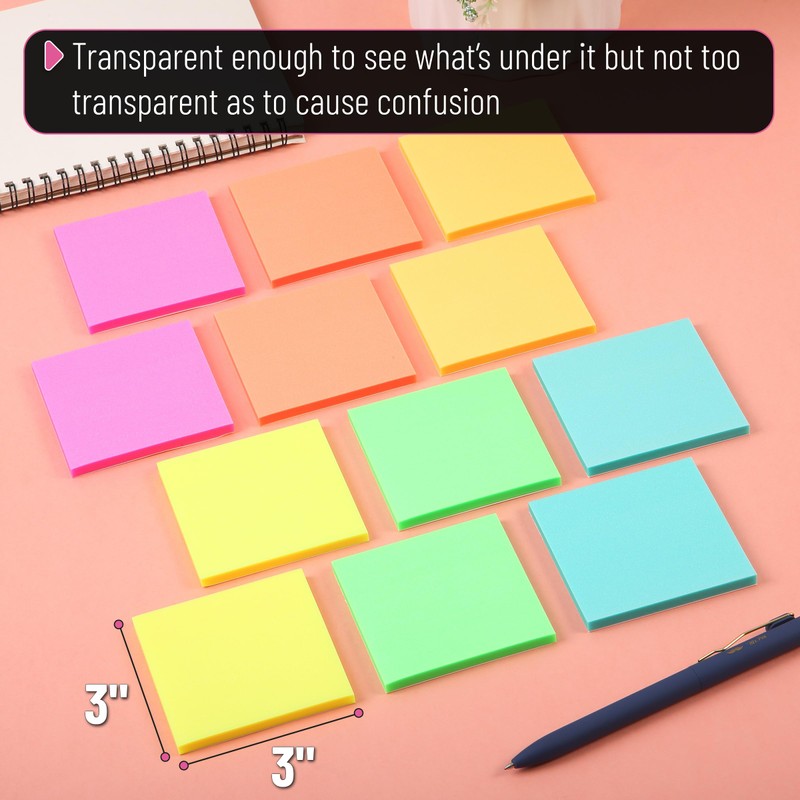 Mr. Pen- Plastic Sticky Notes, 3”x3”, 12 Pads, 600 Sheets,