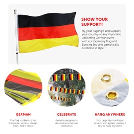 Germany Flag Bunting and Flag Set - German - All Weather Bunting Approx 10m 30ft - 20 Flag - Large Flag with Grommets Approx 5 Ft x 3 Ft - Football, Rugby Events - Parties - Outdoor Sporting Events
