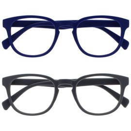 OPULIZE Pop Reading Glasses 2 Pack Fun Round Matt Frame Mid Blue Grey Spring Hinges Scratch Resistant Mens Womens RR2-37 +1.50