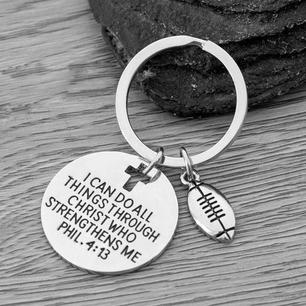 Football Charm Keychain, Christian Faith Charm Keychain, I Can Do All Things Through Christ Who Strengthens Me Phil. 4:13 Scripture Jewelry, Football Gifts for Men, Teens and Boys
