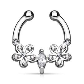 Autiga Nose Piercing Nose Ring Fake Piercing Septum Helix Zirconia Crystals Flower, Brass