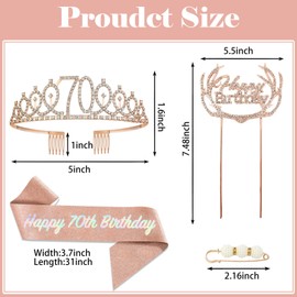 POPOYU 70th Birthday Tiara and Sash,Rose Gold 70th Birthday Crown,Birthday Queen Sash,Sweet 70 Birthday& Sash for for Her Women Birthdays Accessories Gifts Party Costume Decoration