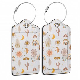 2 Pcs Boho Eye Rainbow Hand Cactus Luggage Tags,Cruise Luggage Tag with Privacy Flap,Name Id Label and Steel Loop for Women Men Travel Bag Suitcase,Moon Star Sun