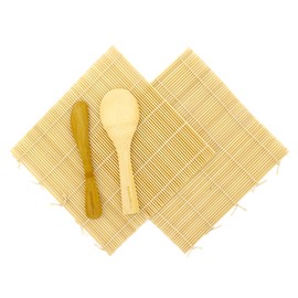 BambooMN Sushi Making Kit 2 Sets of 2x Natural Rolling Mats, 1x Rice Paddle, 1x Spreader | 100% Bamboo Mats and Utensils