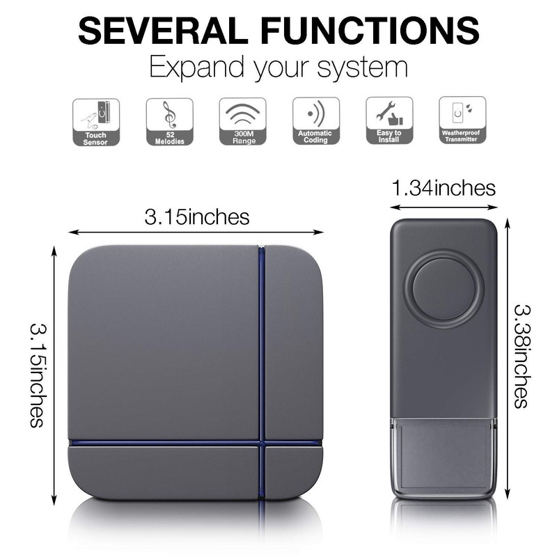 Wireless Doorbell Grey, 2 Plug in Waterproof Doorbell Kit, Best