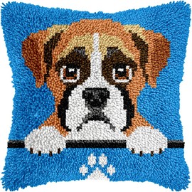 veirousa Boxer Puppy Latch Hook Kits for Adults, Beginners DIY Crochet Pillow Kit Pre-Printed Pillowcase Hook and Latch Rug Kits Needlework Cushion Cover for Home Sofa Decoration 17x17 inch
