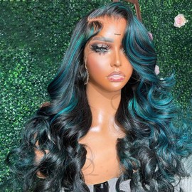 QTIKER Highlight Blue Human Hair Wigs 13X4 Transparent HD Lace Front Wigs Ombre Green Body Wave Wig Human Hair 150% Density Body Bave Glueless Human Hair Wigs (18Inch)