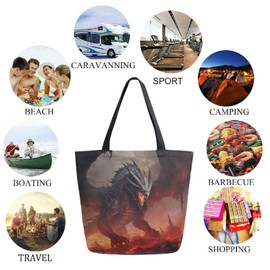 Stylish Extra Large Shoulder Grocery Tote Bag, Cool Black Dragon with Red Eyes Fantasy Canvas Daily Handle Bag for Gym Weekender Beach Travel Kitchen Reusable Market Shopping
