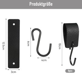 Toumdafine 8 Piece Coat Hooks Set Stainless Steel S Shape Hooks with Leather Rings Black for Wardrobes, Kitchens, Living Rooms and Dressing Rooms