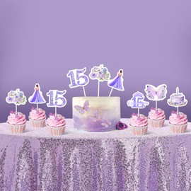 JOYMEMO 36Pcs Purple Floral Quinceanera 15th Birthday Cupcake Toppers, Mis Quince Anos 15 Year Old Girl Fifteenth Bday Flowers Crown Butterfly Cupcake Picks Quinceanera Decorations