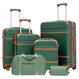 LONG VACATION Luggage Set 4 Piece Luggage ABS Carry on Suitcase Hardside Luggage with TSA Lock Spinner Wheels Travel Bag(Green Brown, 6 piece set)