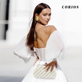 CORIOS Women's Pearl Evening Bag Luxury Rhinestone Clutch Bag Wedding Bridal Purse Diamond Purse Bag Elegant Handbag Chain Shoulder Bag Evening Party Purse Shoulder Bag, beige