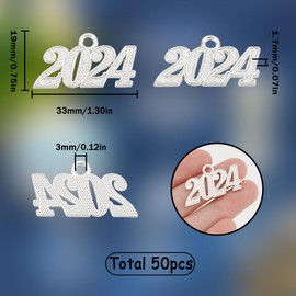 SUNNYCLUE 1 Box 50Pcs 2024 Charms Graduation Charms Bulk Large Silver Tone Grad Cap Graduation Tassels Charm 2024 New Year Christmas Tree Hanging Ornaments Number 2024 Charm for Jewelry Making Charms