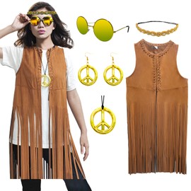 ATAMET 60s 70s Outfits for Women Hippie Costume Fringe Vest Faux Suede Tassel Vest Bohemia Headband Hippie Party Costume