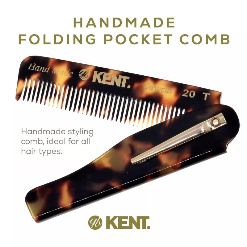 Kent 20T Handmade Folding Pocket Comb for Men, Fine Tooth