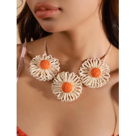 MINACHI Handmade Boho Statement Necklace with Three Flower Pendant, Summer Beach Style, Adjustable Lightweight Bib Necklace for Women