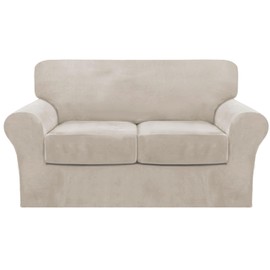 FantasDecor 3 Piece Sofa Covers Velvet for 2 Cushion Couch Stretch Loveseat Slipcover with Individual Seat Elastic Furniture Protector for Pets (Loveseat,French Oak)