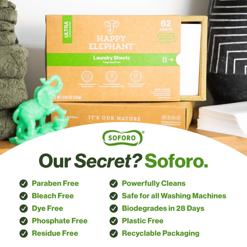 Happy Elephant Laundry Detergent Sheets, Fragrance Free, Natural Biodegradable Laundry