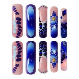 Extra long Press on Nails Curved Nail Tips Blue French Tip Fake Nails Ombre XL False Nails with 3D Flower Designs Long Square Nail Press ons Full Cover Artificial Acrylic Nails for Women 20Pcs