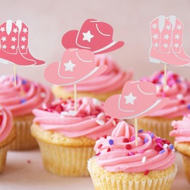 12 Pcs Cowgirl Cupcake Toppers - Farm Themed Birthday Party Decorations,Pink Glitter Cowboy Hat Boots Cupcake Toppers,Western Cowgirl Party Decor,Girls Birthday Wedding Party Cupcake Toppers