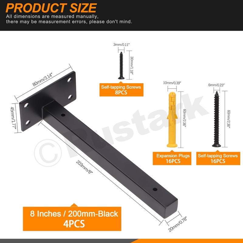 Rustark 4 Pack 8 Inch Black Floating Shelf Brackets Heavy