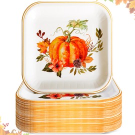 Yungyan 60 Pcs Thanksgiving Pumpkin Paper Plates 9 Inch Fall Pumpkin Dinner Plates Disposable Autumn Harvest Square Dessert Plates for Thanksgiving Holiday Party Tableware Supplies (Novel Style)