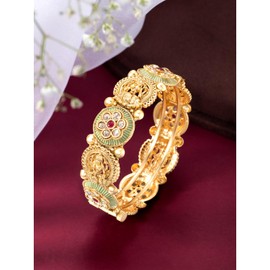 Aheli Gold Plated Meenakari Synthetic Stone Studded Single Piece Openable Kada Bangle Traditional Jewellery Gift for Women Size - 2.6 Inch