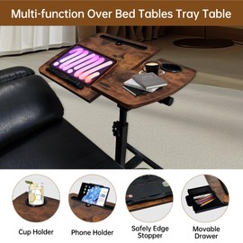 KUKKUME Overbed Table Height Adjustable Bedside Table Hospital Bed Table with 2 Tilting Desktops Mobile Laptop Desk with 2 Tilting Desktops,Cup Holde,Drawer for Office, Home and Hospital Brown