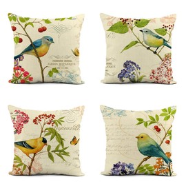 Rurpali Set of 4 Linen Throw Pillow Cover 16x16 Inch Spring Vintage Watercolor Birds Flowers Green Plants Home Decor Pillowcase Square Cushion Cover for Sofa Bed Couch