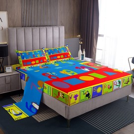 Full Kids Educational Learning Bed Sheets Set Boys Girls Numbers ABC Alphabet Shapes Sheet Set for Toddler Ultra Soft Coloful Fun Game Sheets with Deep Pocket Fitted Sheet Elephant Frog Bedding Set