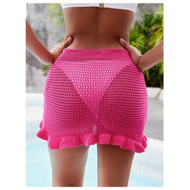 Milumia Women's Crochet Hollow Out Tie Front Ruffle Hem Cover Up Skirts Beach Mini Skirts Hot Pink Small