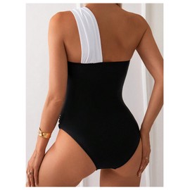 Milumia - Traje de baño de una pieza con cuello asimétrico fruncido para mujer, negro y blanco, X-Large