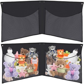 Foribyw Stuffed Animal Corner Storage 2-Compartment Stuffed Animal Organizer Net Foldable Wall Corner Plush Toy Hammock Hanging Mesh Bags for Bedroom Nursery Room(black)