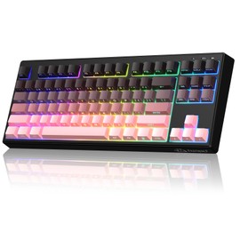 Free wolf M87 V2 87 Keys Membrane Gaming Wireless Keyboard,80% TKL Layout Side Printed Keys Retro Cute Creamy,RGB Backlit 4000mAh 2.4G/BT/Wired Computer Silent Keyboard for MAC PC-Gradient Pink