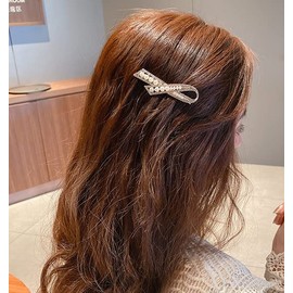 Allereyae Vintage Crystal Pearl Hair Clip Barrette Rhinestone Pearl Beaded Hairpin Faux Pearl Head Clip Headwear Barrette Gold Minimal Pearl Bow Hair Accessories for Women (Gold Crystal)